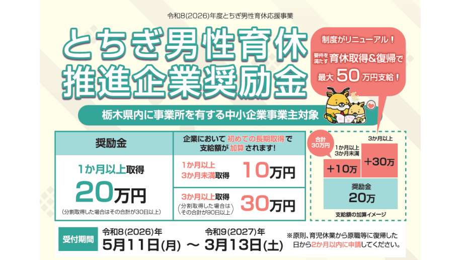 とちぎ男性育休推進企業奨励金のチラシ画像