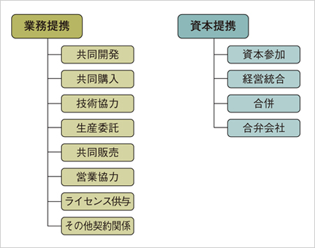 業務連携　共同開発　共同購入　技術協力　生産委託　共同販売　営業協力　ライセンス供与　その他契約関係　　資本連携　資本参加　経営統合　合併　合併会社