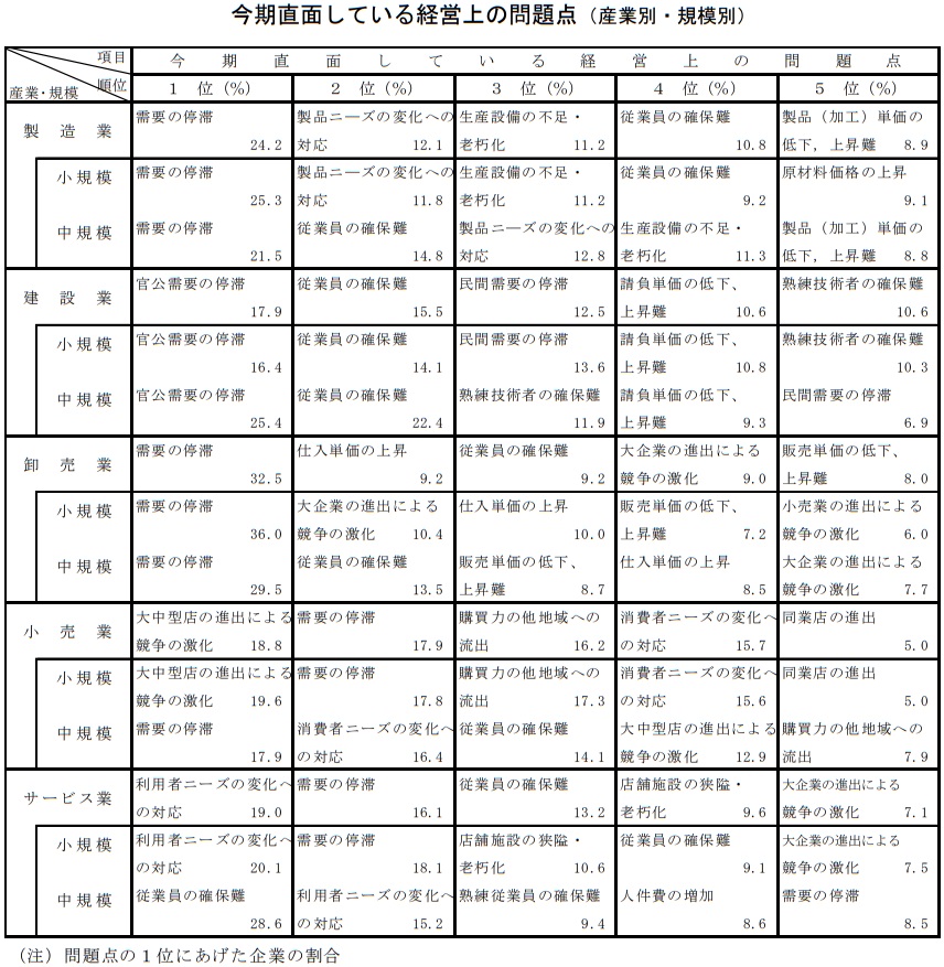 今期直面している経営上の問題点（産業別・規模別）