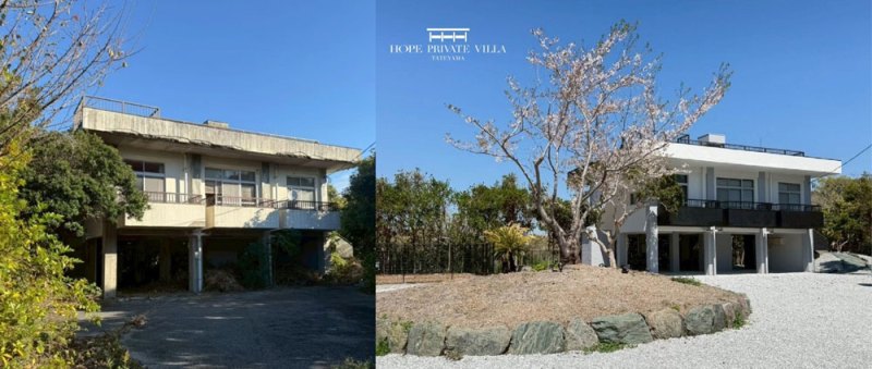 千葉県館山市で長年放置されていた空き家（左）をフルリノベーション。一棟貸しの宿泊施設として2026年5月1日にオープン