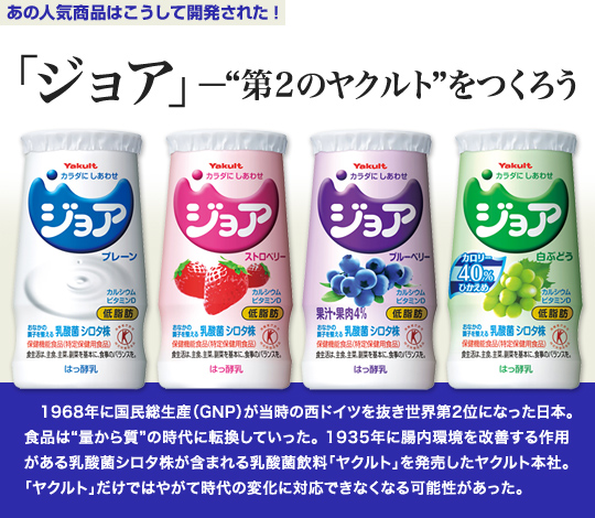 「あの人気商品はこうして開発された」 「ジョア」—“第2のヤクルト”をつくろう 　1968年に国民総生産（GNP）が当時の西ドイツを抜き世界第2位になった日本。食品は“量から質”の時代に転換していった。1935年に腸内環境を改善する作用がある乳酸菌シロタ株が含まれる乳酸菌飲料「ヤクルト」を発売したヤクルト本社。「ヤクルト」だけではやがて時代の変化に対応できなくなる可能性があった。