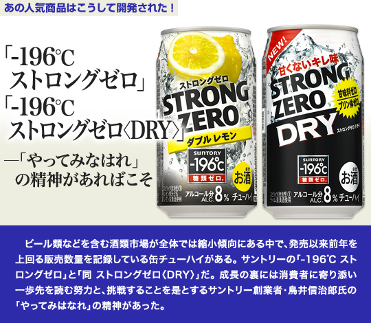 「あの人気商品はこうして開発された」 「－196℃ ストロングゼロ」「－196℃ ストロングゼロ〈DRY〉」—「やってみなはれ」の精神があればこそ 　ビール類などを含む酒類市場が全体では縮小傾向にある中で、発売以来前年を上回る販売数量を記録している缶チューハイがある。サントリーの「－196℃ ストロングゼロ」と「同 ストロングゼロ〈DRY〉」だ。成長の裏には消費者に寄り添い一歩先を読む努力と、挑戦することを是とするサントリー創業者・鳥井信治郎氏の「やってみはなれ」の精神があった。