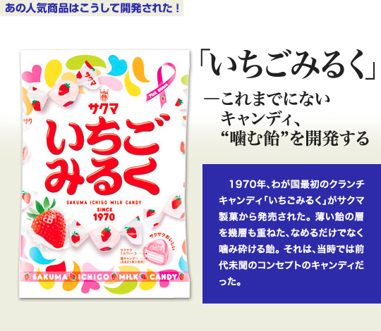 「あの人気商品はこうして開発された」 「いちごみるく」－これまでにないキャンディ、“噛む飴”を開発する 1970年、わが国最初のクランチキャンディ「いちごみるく」がサクマ製菓から発売された。薄い飴の層を幾層も重ねた、なめるだけでなく噛み砕ける飴。それは、当時では前代未聞のコンセプトのキャンディだった。