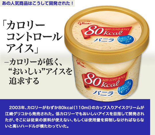 「あの人気商品はこうして開発された」 「カロリーコントロールアイス」－カロリーが低く、“おいしい”アイスを追求する 2003年、カロリーがわずか80kcal（110ml）のカップ入りアイスクリームが江崎グリコから発売された。低カロリーでもおいしいアイスを目指して開発されたが、そこには従来の原料が使えない、もしくは使用料を抑制しなければならないと高いハードルが横たわっていた。