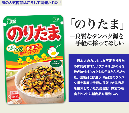 「あの人気商品はこうして開発された」 「のりたま」—良質なタンパク源を手軽に採ってほしい 日本人のカルシウム不足を補うために開発されたふりかけは、魚の骨を砕き味付けされたものがほとんどだった。従来品とは違う、高品質のタンパク源を家庭で手軽に摂取できる商品を模索していた丸美屋は、旅館の朝食をヒントに新商品を開発した。