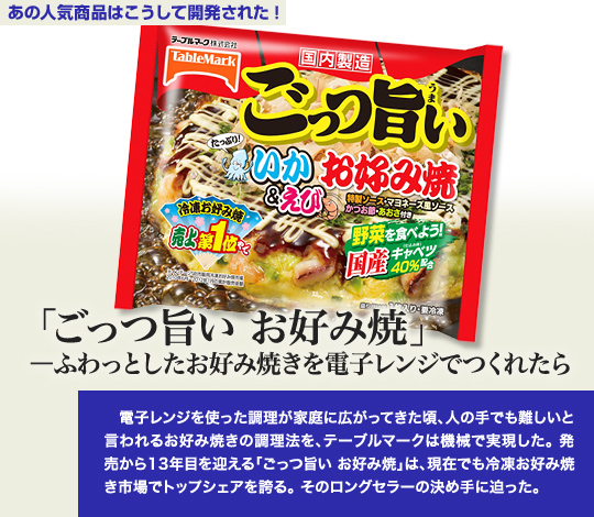 「あの人気商品はこうして開発された」 「ごっつ旨い　お好み焼」—ふわっとしたお好み焼きを電子レンジでつくれたら 電子レンジを使った調理が家庭に広がってきた頃、人の手でも難しいと言われるお好み焼きの調理法を、テーブルマークは機械で実現した。発売から13年目を迎える「ごっつ旨い　お好み焼」は、現在でも冷凍お好み焼き市場でトップシェアを誇る。そのロングセラーの決め手に迫った。