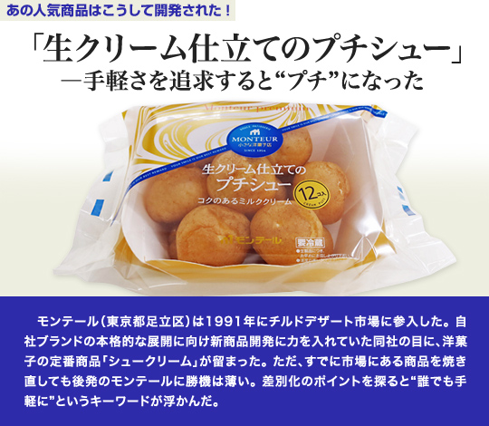 「あの人気商品はこうして開発された」 「生クリーム仕立てのプチシュー」—手軽さを追求すると“プチ”になった 　モンテール（東京都足立区）は1991年にチルドデザート市場に参入した。自社ブランドの本格的な展開に向け新商品開発に力を入れていた同社の目に、洋菓子の定番商品「シュークリーム」が留まった。ただ、すでに市場にある商品を焼き直しても後発のモンテールに勝機は薄い。差別化のポイントを探ると“誰でも手軽に”というキーワードが浮かんだ。