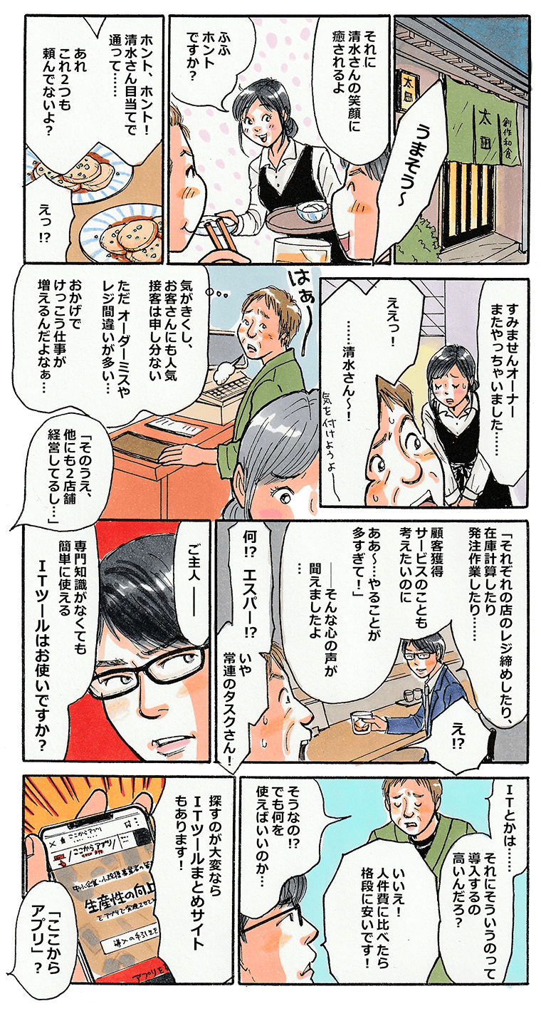 創作和食の店太田の店内。従業員の清水さんは、明るくて気が利く女性でお客さんにも大人気。今夜も元気に接客していますが、今日もオーダーミスをしてオーナーに平謝り。オーナーは創作和食太田以外にも2店舗経営しており、それぞれの経営で手一杯。清水さんのミスにため息をついていた時、店のカウンターから自分の心の声が聞こえてきました。「在庫計算や発注作業、売り上げアップの方策も考えたいのに、やることが多すぎて・・・」声の主はこの店の常連の中小企業診断士、中小タスク。驚いているオーナーにタスクが薦めたのはITツールまとめサイト「ここからアプリ」でした