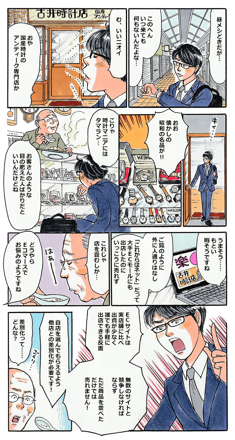 仕事を終えて、とあるさびれた商店街を歩く中小タスク。お昼どきなのでご飯を食べたいと思っているところにいい匂いが漂ってきた。匂いは国産アンティーク時計を扱う小さな時計店から漂ってくる。時計店の扉を開けるタスク。中には懐かしい名品がずらり。感動しているタスクに店の主人がため息をつきながら話しかけてきた。「外に人通りは無いし、大手ECモールに出店してみたものの、いっこうに売れない。」それを聞いたタスクは「ただ商品を並べただけでは売れません！自分の店を選んでもらえるように差別化しないと！」と力説する。