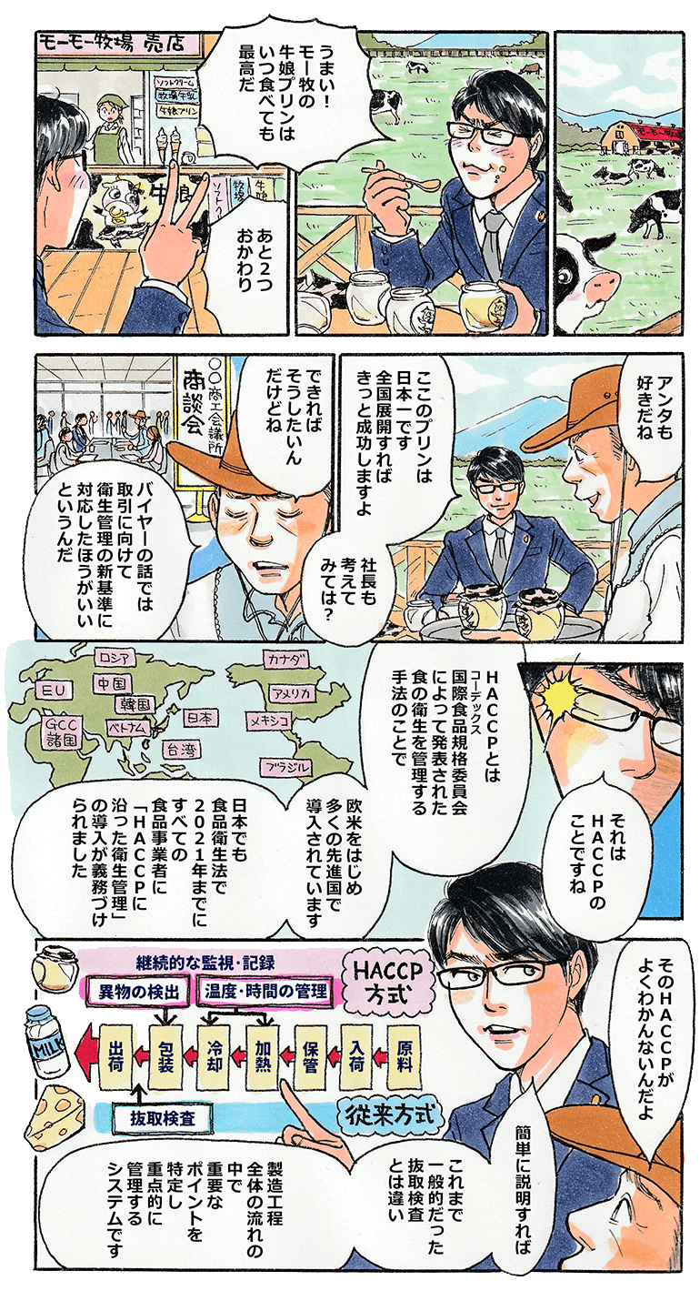 牧場でプリンを頬張る中小タスク。さらに2つ追加注文。アンタも好きだねと声をかけてきた牧場主に、ここのプリンは日本一ですから全国展開してはどうですかと中小タスクが言うと、そうしたいが、衛生管理の新基準に対応したほうがいいとバイヤーに言われて躊躇している牧場主。それはハサップですね。ハサップは国際食品規格委員会で多くの先進国で導入されており、日本でも2021年までにすべての食品事業者にハサップに沿った衛生管理の導入が義務付けられました。従来方式の抜き取り検査と違い、製造工程全体の中で重要なポイントを特定し、重点的に管理するシステムですよ。と中小タスクが説明する。