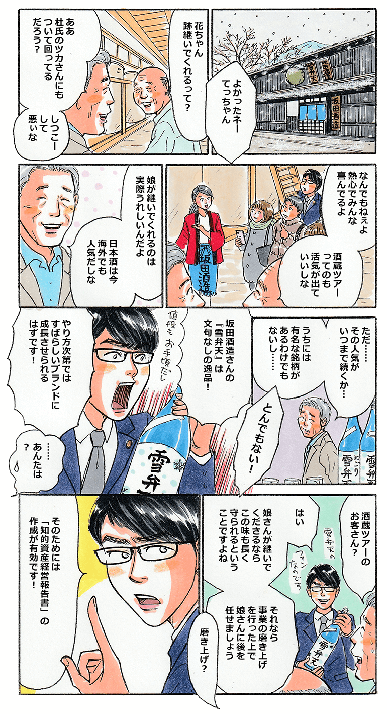 坂田酒造の坂田社長が昔からの杜氏と話をしている。杜氏が社長に娘さん、跡を継いでくれるんだって？と聞くと、社長は、ああ、娘がついて回って、しつこくて悪いな。と申し訳なさそうに言う。杜氏はいやいや、熱心でみな喜んでいるよ。酒蔵ツアーも活気が出ていいしな、と好意的。坂田社長も継いでくれることは喜んでいるが、今の海外での日本酒ブームがいつまで続くかわからないし、うちには有名な銘柄も無いし・・・と沈んでいると、酒蔵ツアーに参加していた中小タスクが突然、とんでもない！坂田酒造さんの雪弁天は文句なしの逸品です。やり方次第では素晴らしいブランドに成長させられるはずです！と力説。娘さんが継いでくれるならこの味も長く守られるわけですが、それなら事業の磨き上げを行った上で娘さんに後を任せましょうと提案。磨き上げ？とつぶやく社長に中小タスクがたたみかける。そのためには知的資産経営報告書の作成が有効です！