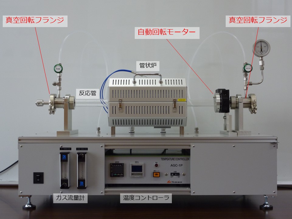 粉末試料の表面にカーボン膜をCVD（化学気相成長）コートするための「回転炉」