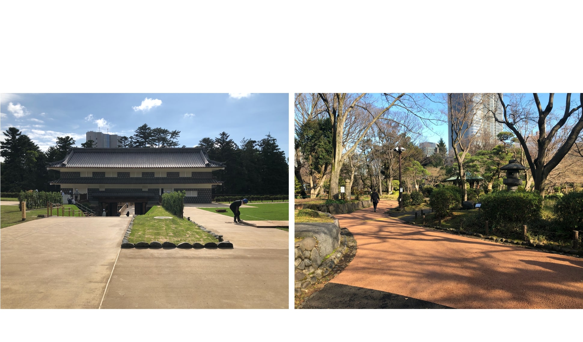 廃棄瓦を活用した製品により道路が舗装された金沢城公園（左）と日比谷公園（右）