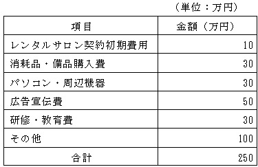 開業資金例の表